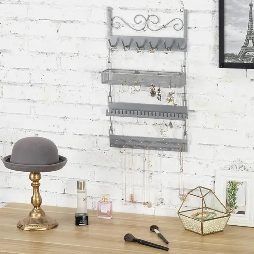 Vista 5 de MyGift Organizador de joyería colgante de metal plateado de 4 niveles con 18 ganchos, soporte para pendientes y collar, estante para exhibición