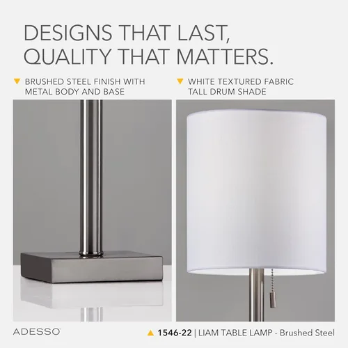 Vista 5 de Adesso Lámpara de mesa de acero cepillado con pantalla blanca, luz de acento moderna para dormitorio, sala de estar y decoración de la casa, 22