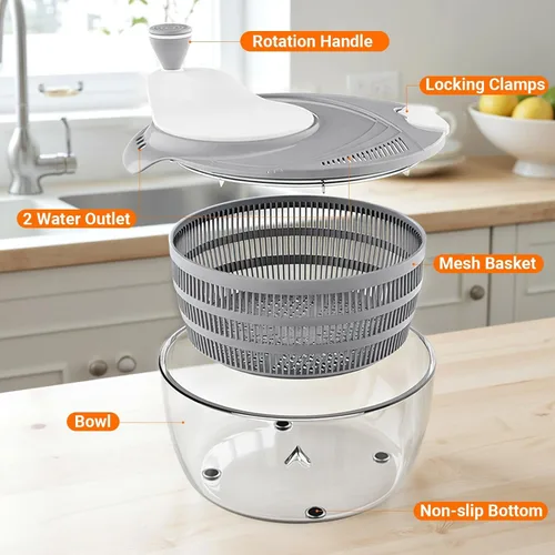 Vista 5 de HomeHacks Centrifugadora de Ensalada Grande, Centrifugadora de Lechuga Grande, Limpiador de Frutas Grande con Orificios de Drenaje Dobles, 5