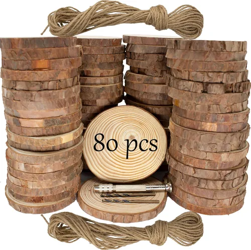 Vista 7 de Rebanadas de madera natural sin terminar, 40 unidades de círculos de madera de 3.2 a 4 pulgadas para manualidades, adornos de Navidad, kit de madera