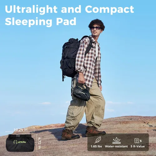 Vista 6 de ATEPA ThermAir Pro 5 R-Value - Colchón de aire aislado ultraligero para 4 estaciones, tapete de dormir silencioso de 4 pulgadas de grosor con saco