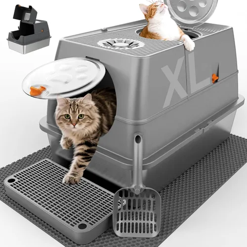 Vista 9 de Paquete de 2 cajas de arena de acero inoxidable con tapa, caja de arena extra grande cerrada de metal para gatos grandes y varios gatos, fácil