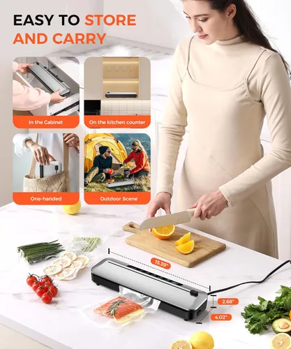 Vista 9 de Máquina selladora al vacío de 75 KPa para alimentos con modos seco/húmedo 6 en 1 y temporizador digital, diseño compacto y ligero, cortador