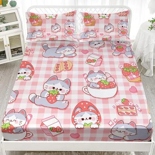 Vista 28 de AILONEN Lovely Bear - Juego de sábanas bajeras tamaño Queen, juego de ropa de cama con pajarita de dibujos animados para niños y niñas, sábana