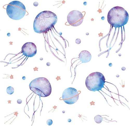 Vista 8 de 4 hojas de calcomanías de pared de medusas de cielo estrellado que brillan en la oscuridad, calcomanías de pared luminosas azul planeta, calcomanías