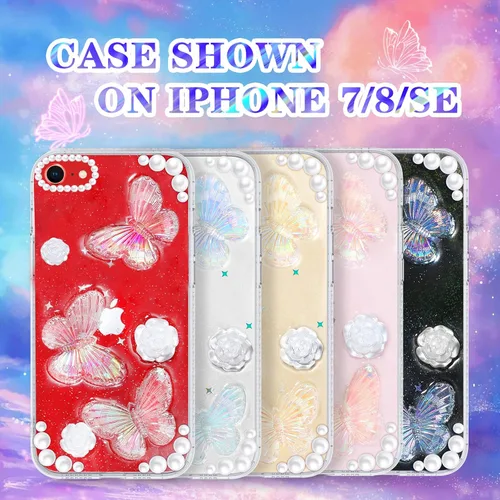 Vista 5 de Funda 3 en 1 para iPhone SE/7/8: diseño de mariposa 3D, purpurina, brillante, cristal, estilo lindo femenino, cadena y protector de pantalla