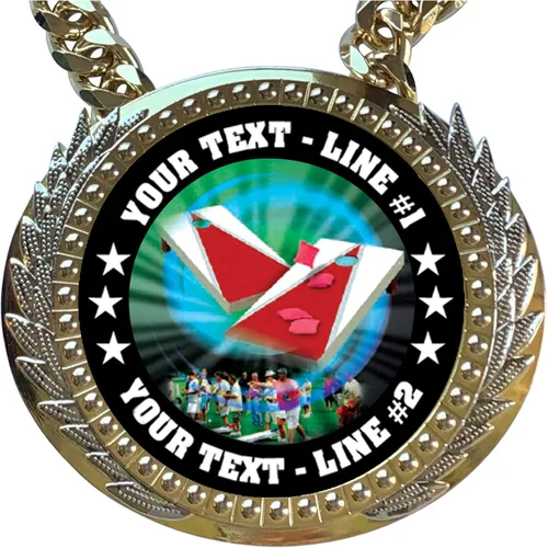 Vista 2 de Express Medals Trofeo de cadena de lanzamiento de bolsa de metal con 2 líneas de texto personalizado en una gran medalla de premio y cadena