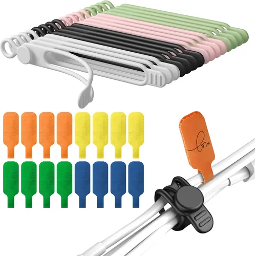 Vista 7 de Juego de 32 etiquetas para cables y bridas de silicona para cables, reutilizables, 16 bridas para cables + 16 etiquetas de cable para electrónica