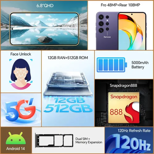 Vista 2 de Teléfonos desbloqueados, 12GB+512GB teléfonos Android desbloqueados, 5G Android 14 Smartphone, Snapdragon888, 5000mAh (plateado)