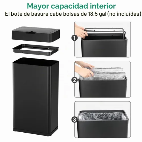 Vista 7 de Arlopu Cubo de basura automático, cubo de basura de acero inoxidable con sensor de movimiento, cubo de basura inteligente sin contacto, con tapa
