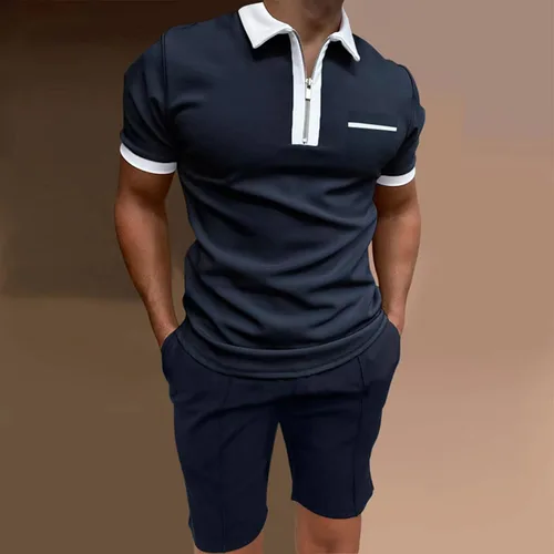 Vista 2 de Conjunto de 2 piezas para hombre con cremallera de 14, camiseta polo y pantalones cortos de verano de manga corta, pantalones cortos deportivos