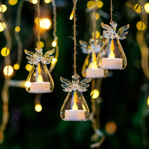 Vista 3 de Paquete de 12 portavelas de cristal colgantes, candelabros de ángel con vela LED en el interior, decoración votiva para boda, fiesta, restaurante