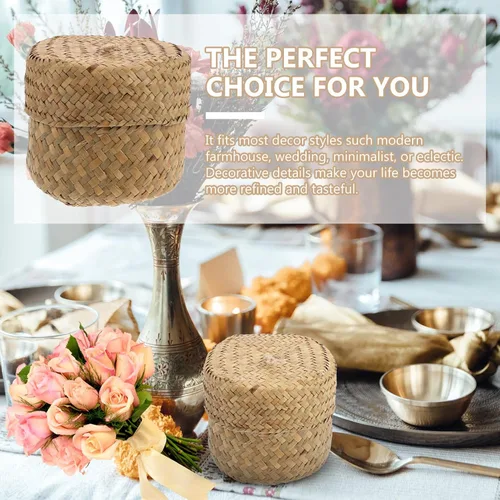 Vista 7 de Zerodeko Cesta de pastos marinos con tapa, cesta de flores tejida a mano con tapa, estante de mimbre, caja de almacenamiento pequeña, caja de regalo