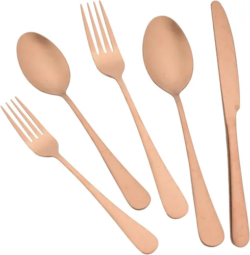 Vista 10 de JASHII Juego de cubiertos de 20 piezas con acabado satinado, servicio para 4, juego de cubiertos de titanio, juego de utensilios de oro mate