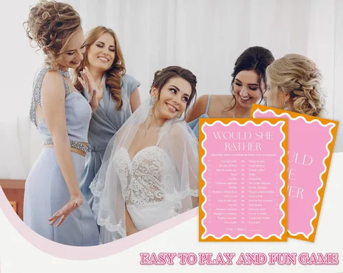 Vista 5 de Borde ondulado rosa con texto en inglés «Would She Rather» para 30 invitados con tarjetas de juego, juego de despedida de soltera con borde