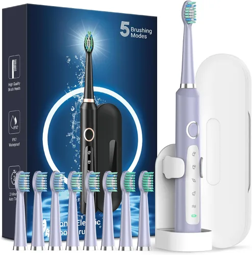 Vista 12 de Rtauys Cepillo de dientes eléctrico M5 para adultos, cepillo de dientes eléctrico sónico para niños y adultos con 8 cabezales de cepillo y estuche