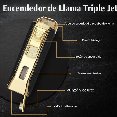 Vista 3 de Encendedor de llama triple jet con punzón y soporte, linterna multifuncional resistente al viento, encendedor de butano recargable, caja de regalo