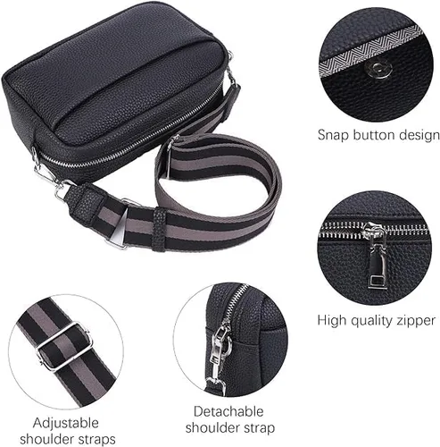 Vista 4 de Bolsos cruzados de cuero para mujer, bolso cruzado para cámara, bolso de correa gruesa, bolso de hombro pequeño de moda con correa de guitarra