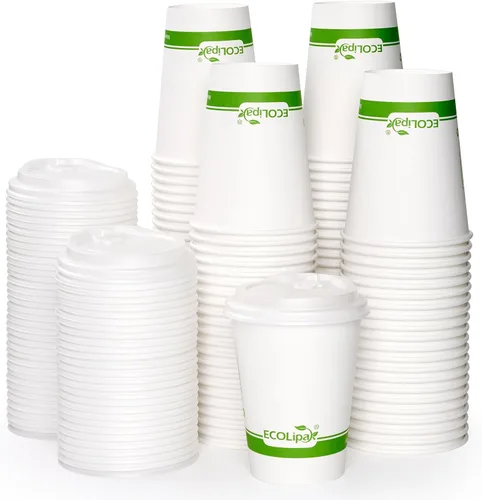 Vista 8 de ECOLipak 200 tazas de café de papel compostables de 8 onzas, tazas de café desechables biodegradables con tapa CPLA, tazas de bebida caliente 8 oz