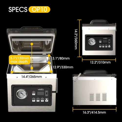 Vista 2 de Sellador al vacío de cámara de 10 pulgadas con bomba de aceite, resistente, ideal para alimentos húmedos, líquidos, polvos y Sous Vide, funciona