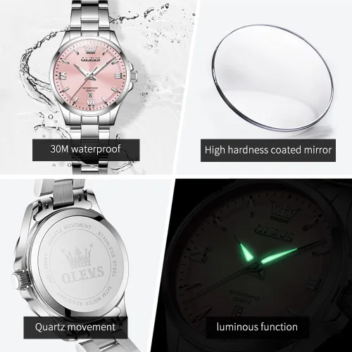 Vista 6 de OLEVS Relojes de acero inoxidable para mujer, reloj plateado de lujo para mujer con fecha, resistente al agua, analógico de cuarzo, delicado reloj