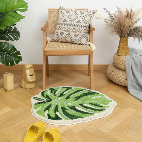 Vista 5 de Litabel Juego de Alfombras de Baño de Hoja Verde de 2 Piezas, Lindas Alfombrillas de Baño Antideslizantes en Forma de Monstera de Felpa, Juego