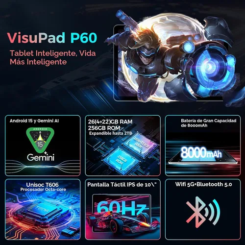 Vista 2 de Tableta con teclado, tableta Android 15 2026 con 26GB+256GB+2TB Expand, Tablet PC de 10 pulgadas con 8 núcleos, Gemini AI, WiFi 5G, 8000mAh, BT5.0