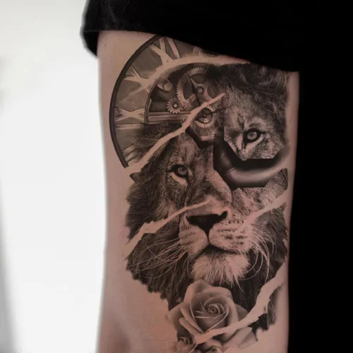 Vista 5 de 8 hojas de calcomanías temporales para tatuajes temporales de pierna de brazo de león del bosque, Jesús, cráneo, cráneo, rosa, corona de rosas