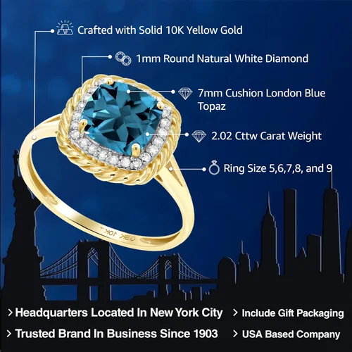Vista 2 de Gem Stone King Anillo de compromiso de oro amarillo de 10 quilates con piedra natal y diamante blanco Cojín de 0.276 in Anillo de oro