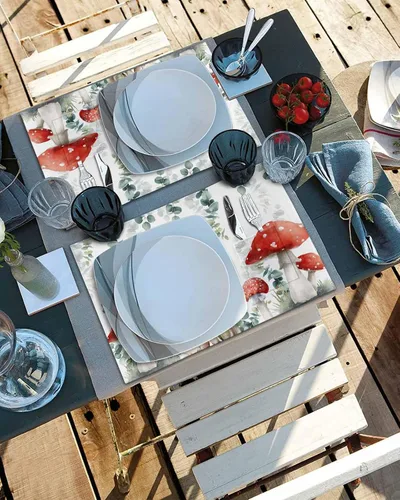 Vista 5 de Mushroom Eucalyptus Table Placemats for Dining Table Set of 6,Cotton Linen Cloth Kitchen Place Mats with Pocket,Washable Burlap