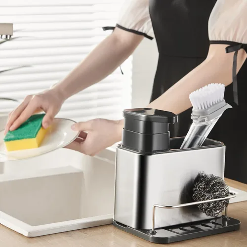 Vista 3 de LIBODOUR Dispensador de jabón para fregadero de cocina y baño, soporte de esponja 3 en 1 para cocina, organizador de dispensador de jabón