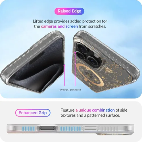 Vista 8 de LONLI Hue - para iPhone 15 Pro Max [Compatible con Magsafe] - Funda de teléfono floral dorada - [Amortiguador de 360°] - Funda de teléfono linda