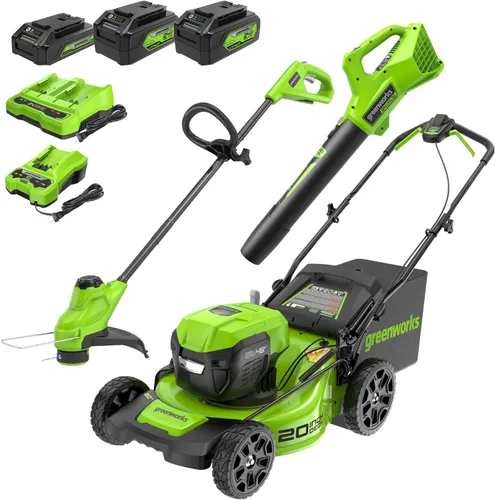Vista 15 de Greenworks Juego de herramientas de jardín de 5 piezas de 48 V (24 V x 2): cortacésped de empuje de 20 pulgadas, recortadora de cuerdas de 12