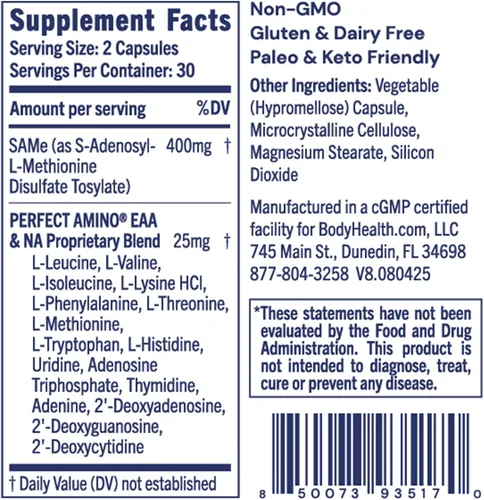 Vista 2 de BodyHealth Same 400mg - Soporte de metilación optimizado para la salud del cerebro, las articulaciones, los cartílagos y el hígado* - 60 cápsulas