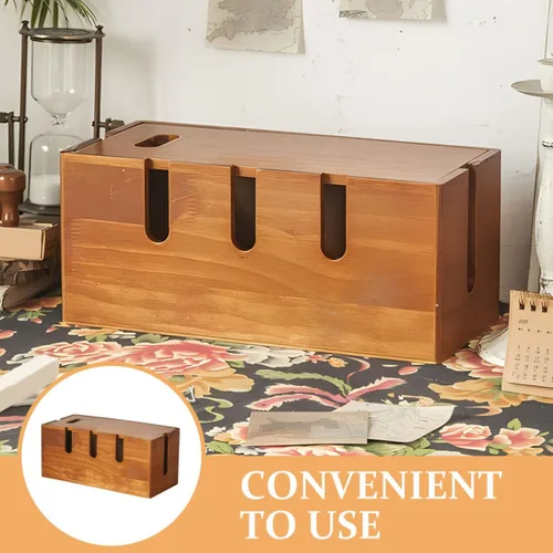 Vista 4 de Wooden Cable Organizer Box with Router Cover and Charger Cord Organizer for Desk Power Strip Management, Natural Wood Cord Management for Home