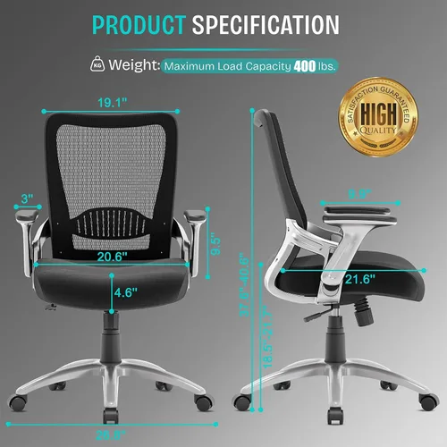 Vista 3 de SUNNOW Silla de oficina, silla ergonómica de escritorio para computadora, silla ejecutiva resistente, soporte lumbar ajustable, brazos abatibles