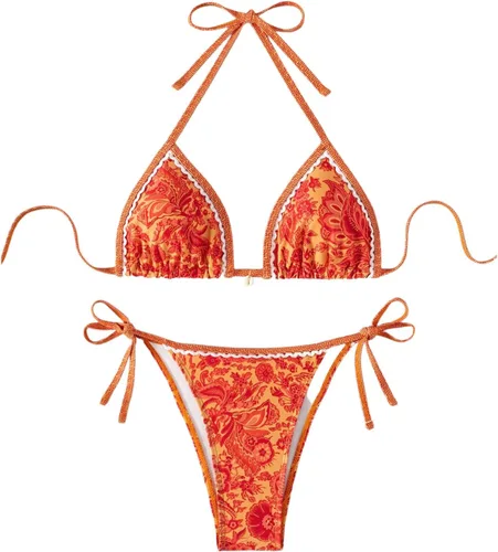 Vista 11 de WDIRARA Traje de baño de dos piezas para mujer estilo boho con estampado floral, conjunto de bikini halter con tiras en forma de triángulo
