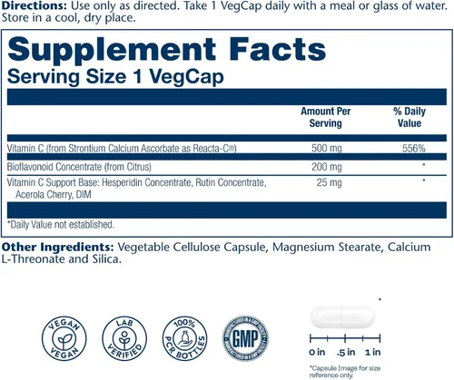 Vista 2 de SOLARAY Reacta-C con vitamina C 500 mg - 200 mg concentrado de bioflavonoide, vitaminas de defensa inmunológica - Suplemento patentado de apoyo