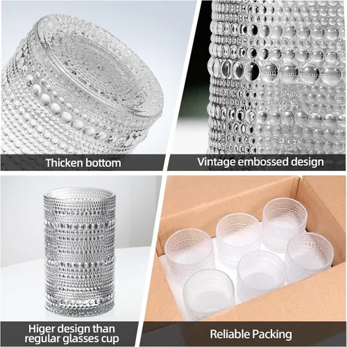 Vista 3 de Juego de 6 vasos de hobnail vintage de 13 onzas, cristalería vintage en relieve transparente para agua, jugo, cóctel, vino, cerveza, whisky