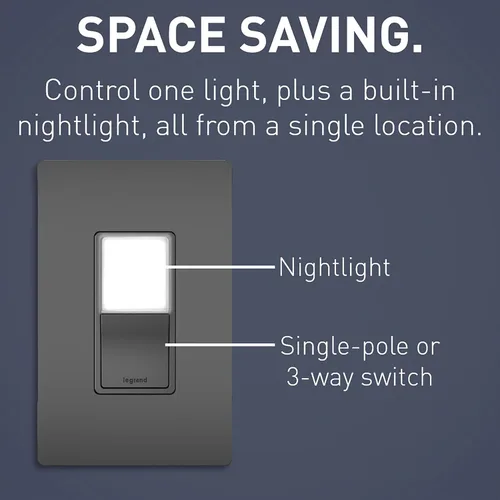 Vista 2 de Legrand Radiant Combination - Interruptor basculante de luz nocturna LED ajustable, 3 vías para pasillo, dormitorio, 5 niveles de luz, NTL873BKCC6