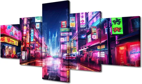 Vista 23 de Póster de 5 paneles en lienzo para decoración de pared, diseño de centro urbano Cyberpunk, impresión moderna, decoración de pared para el hogar