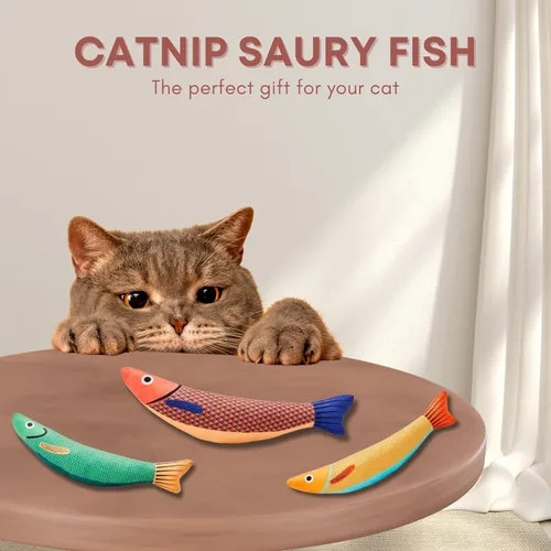 Vista 2 de Paquete de 3 juguetes para gatos, pez saurio con hierba gatera, sonido arrugado y felpa suave, juguetes interactivos de 9.5 pulgadas para gatos