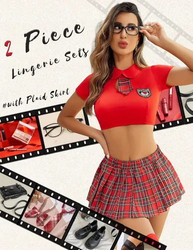 Vista 3 de Avidlove Conjunto de lencería sexy para mujer, disfraz de 2 piezas con corbata superior y minifalda plisada