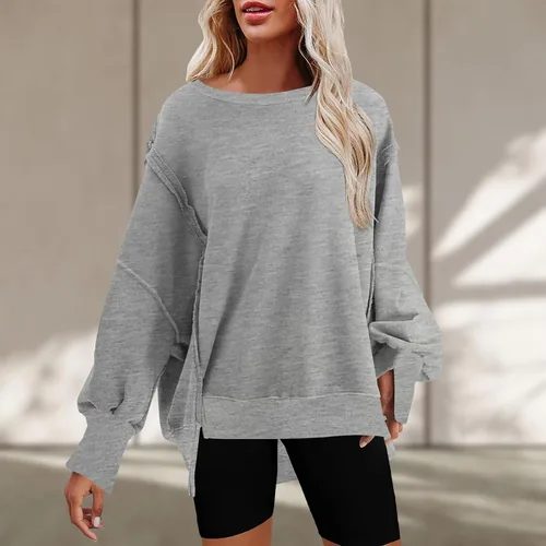 Vista 2 de Ceboyel Sudadera de gran tamaño para mujer 2023, color sólido, cuello redondo, suéter con abertura lateral, cómodo ropa de moda de otoño