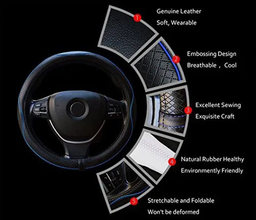 Vista 5 de Protector de volante Yunanwa Universal de 15 pulgadas de cuero auténtico reforzado duradero con diseño deportivo de ola, Negro + rojo