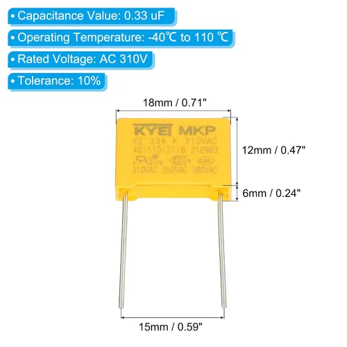 Vista 2 de PATIKIL Condensadores de seguridad, paquete de 10 unidades de 0.33uF AC 310V 0.591 in Pin Pitch 0.709x0.472x0.236 in polipropileno Film Capacitor