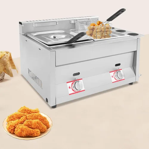 Vista 7 de Freidora comercial, freidora de gas propano de tanque doble, freidora de restaurante de acero inoxidable con control de temperatura independiente