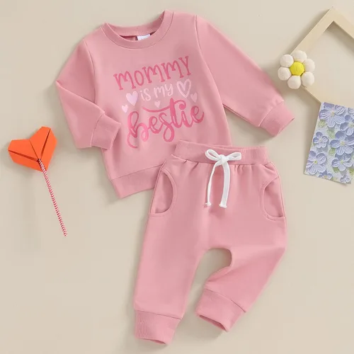 Vista 2 de Ropa para bebé y niña, sudadera de manga larga con estampado de letras y pantalones jogger elásticos recién nacidos, conjunto de otoño e invierno
