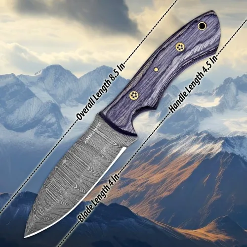 Vista 2 de Cuchillo de caza de acero de Damasco de hoja fija con funda de cuero de 9 pulgadas, cuchillo de caza de espiga completa, mango de madera