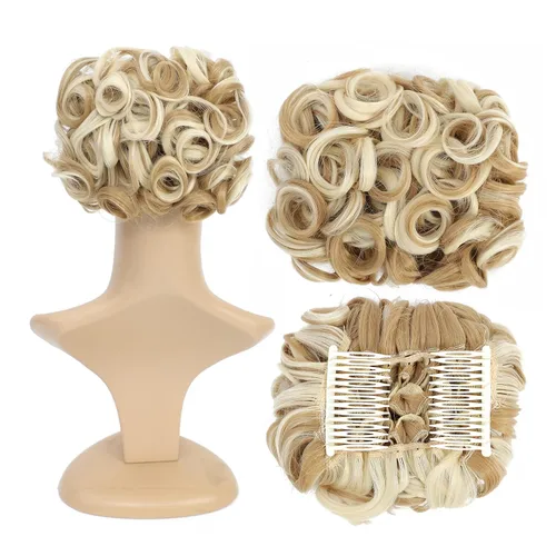 Vista 16 de SWACC Extensión de Moño de Cabello Rizado Corto y Desordenado, Peines de Cabello Fáciles de Estirar, Extensión de Cola de Caballo con Clip, Coletero